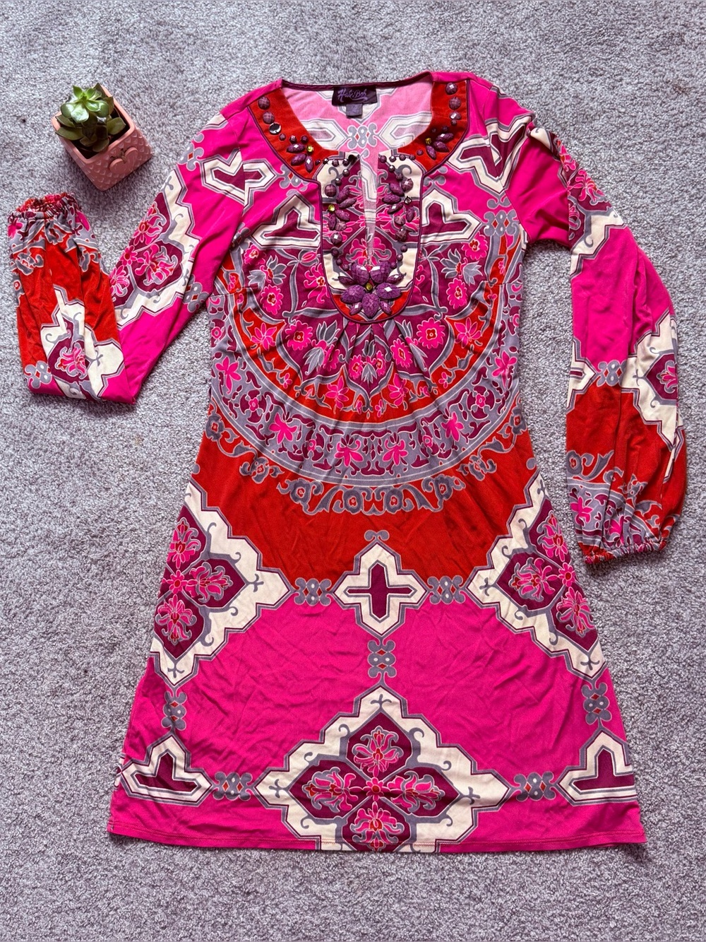 Vintage Hale Bob Pink & Red Beaded Long-Sleeve Tunic Dress